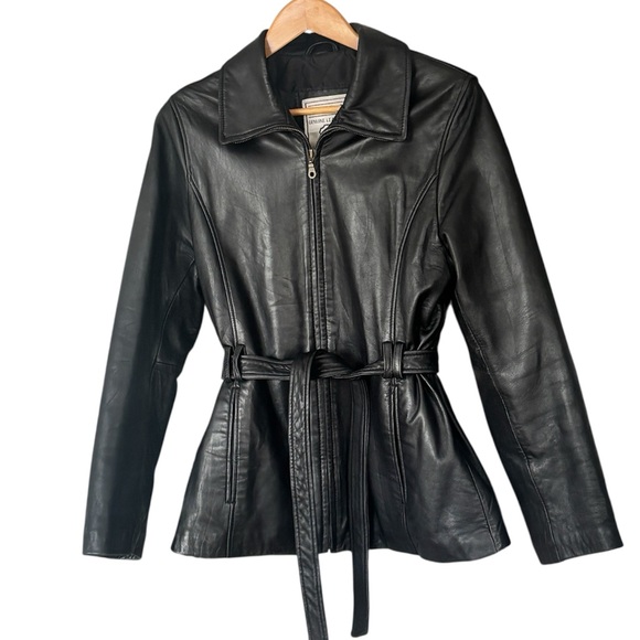 Wilda Vintage Black Leather Zip Up Belted Moto Jacket Size Small - Picture 3 of 11